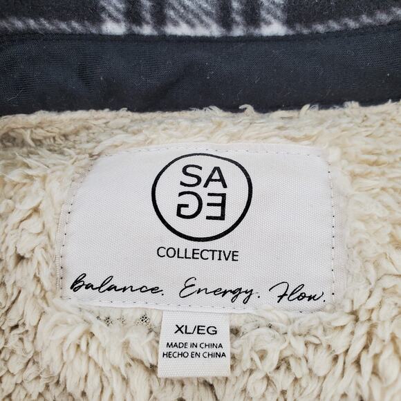 SAGE XL Long Sleeve Black/White Plaid Sherpa Lined Fleece Shirt Jacket Pre-Owned - Picture 3 of 5